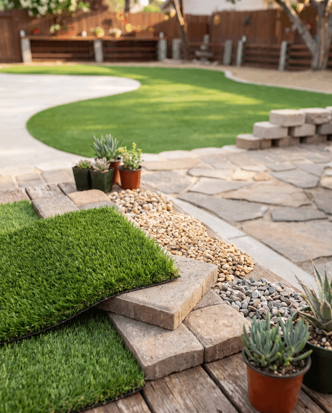 Artificial turf, pavers, and rock materials arranged for an outdoor project review