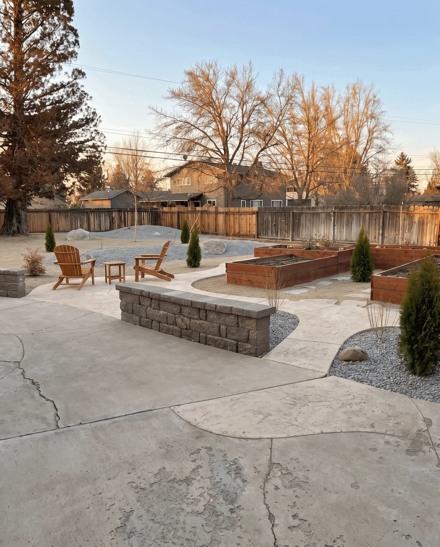 Concrete outdoor surface connecting gathering and everyday-use areas