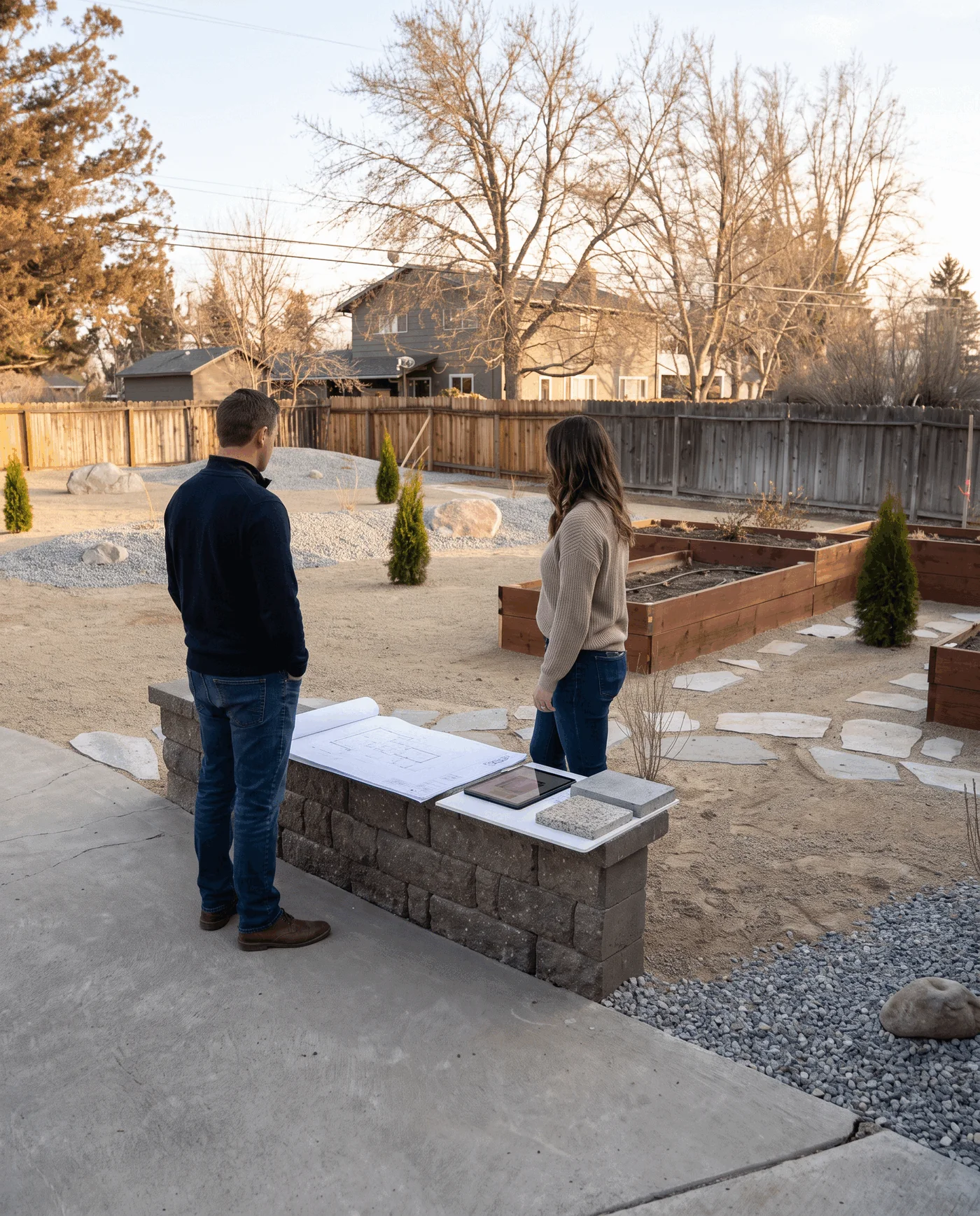 Client and designer reviewing a concrete outdoor-living direction together