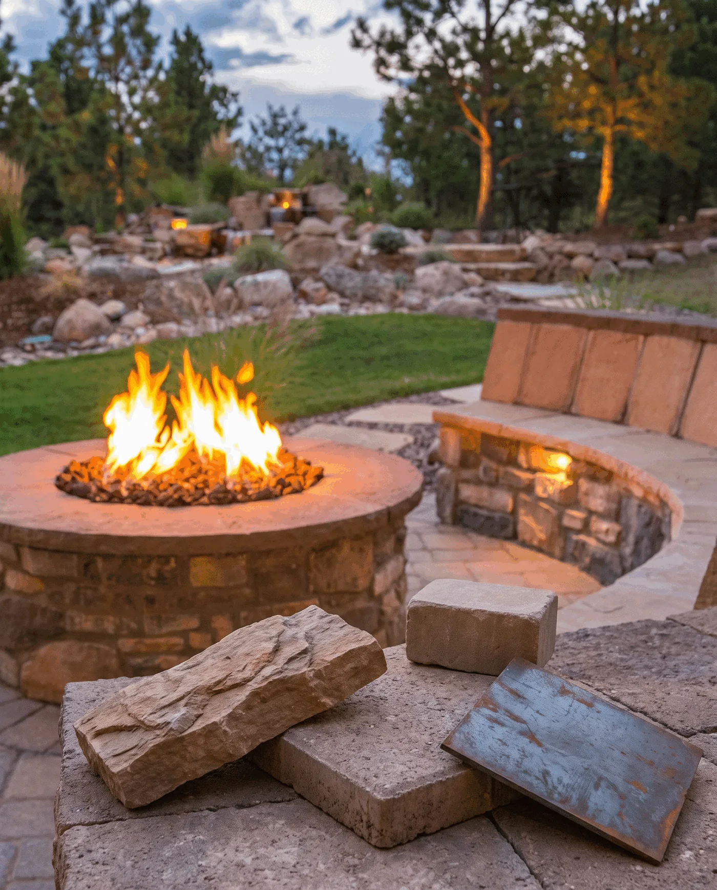 Fire-feature stone and surrounding materials arranged for an outdoor project review