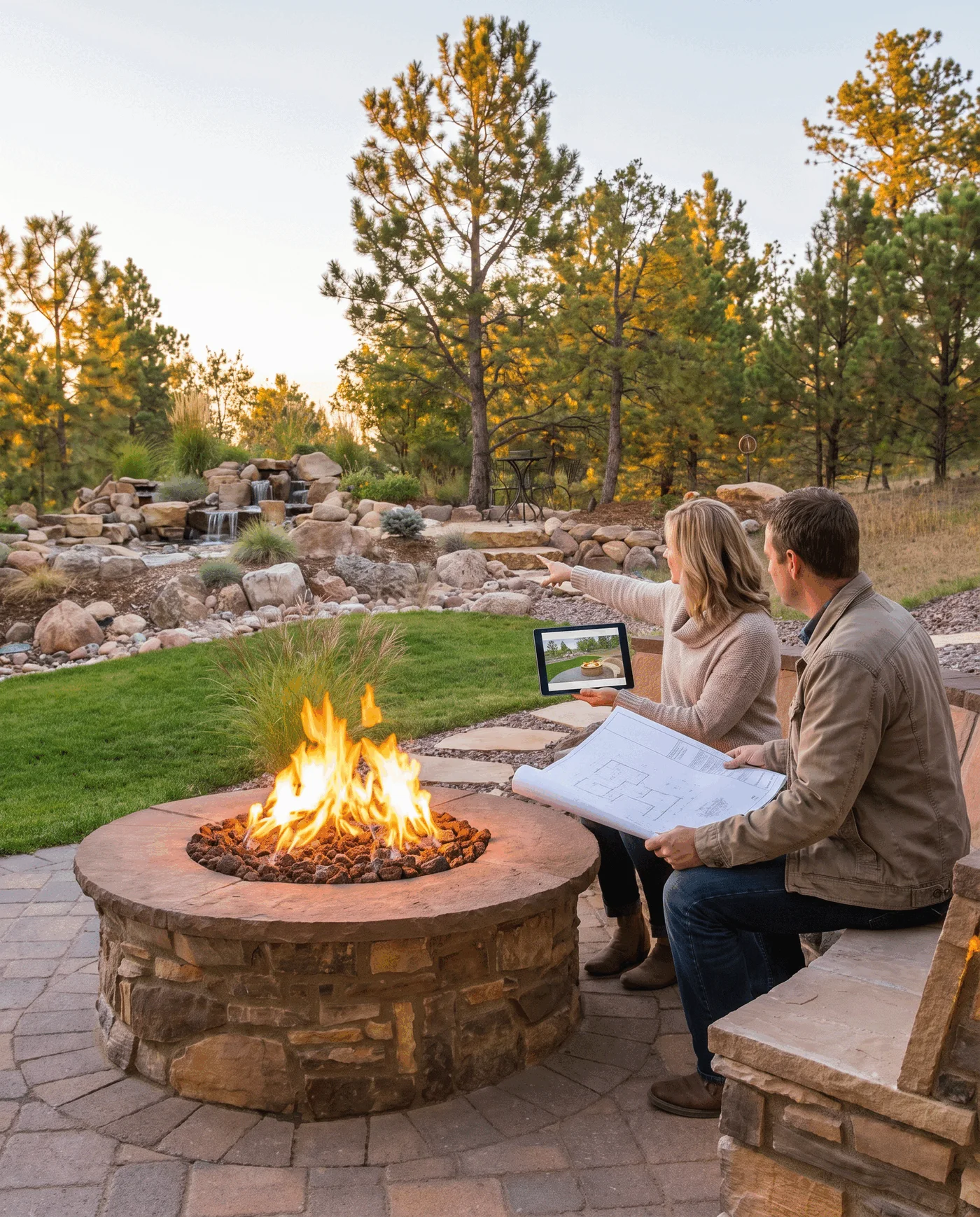 Client and designer reviewing a fire-feature outdoor-living direction together