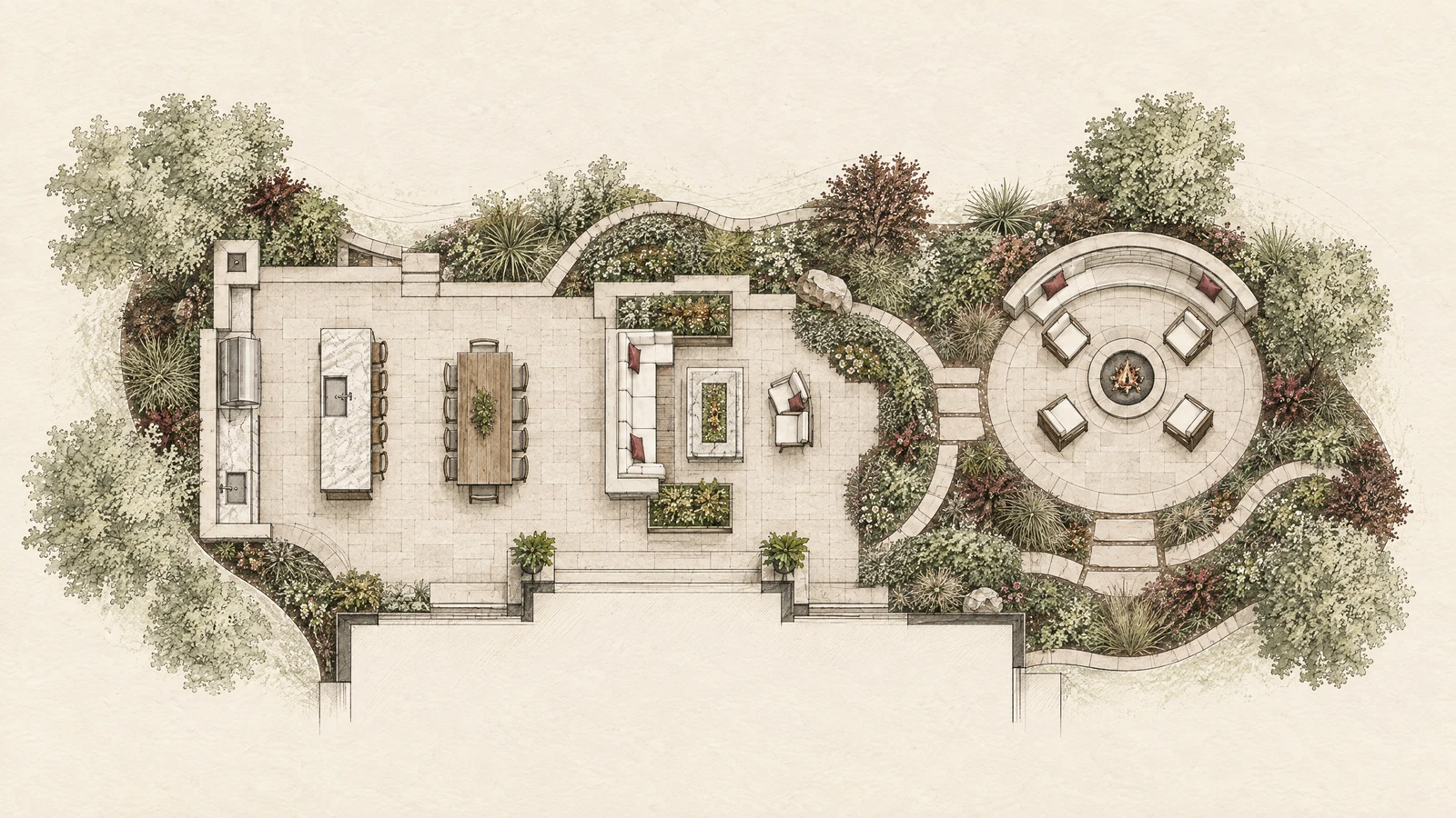 Overhead patio and landscape design rendering