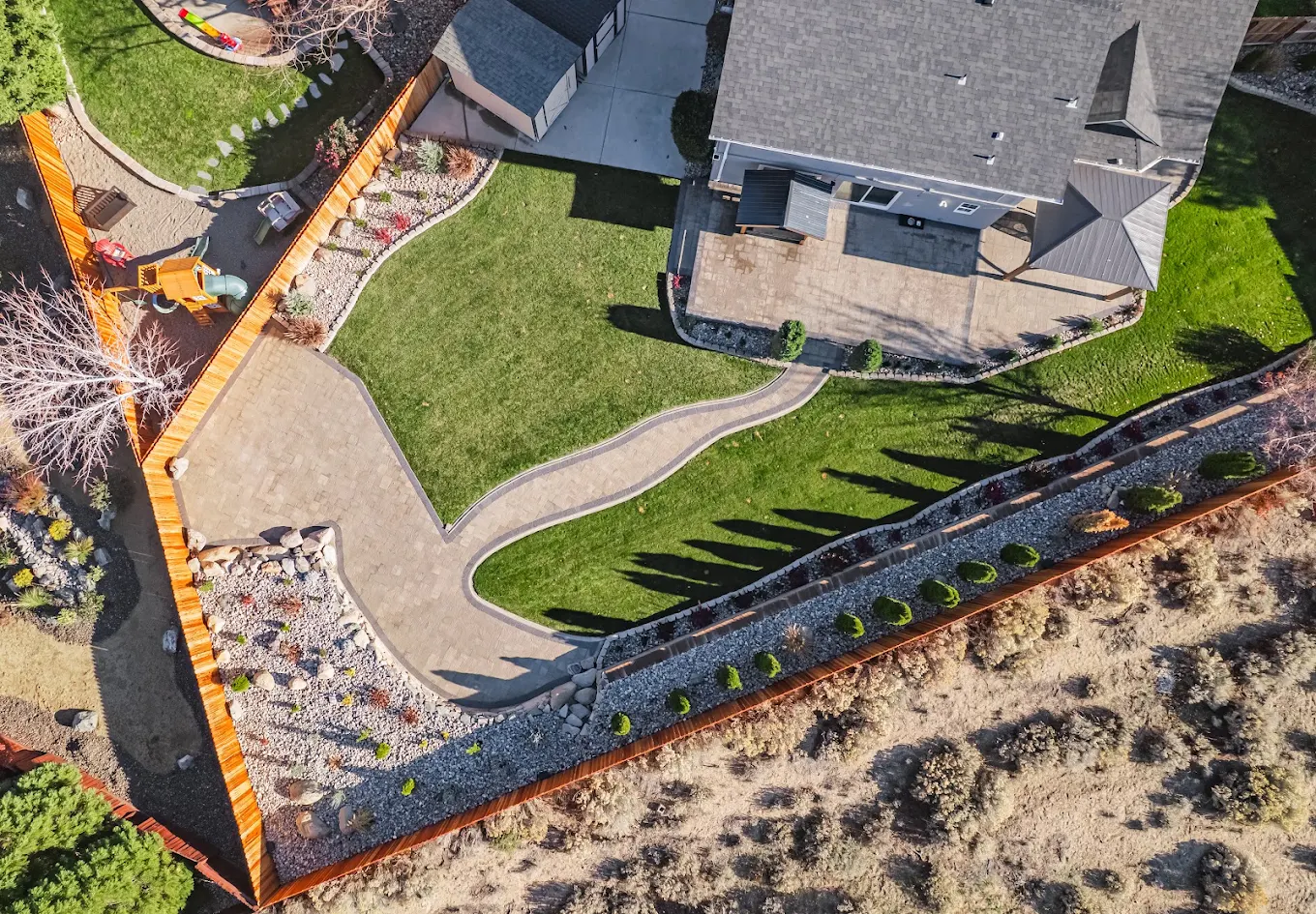 Aerial view of a completed outdoor living space