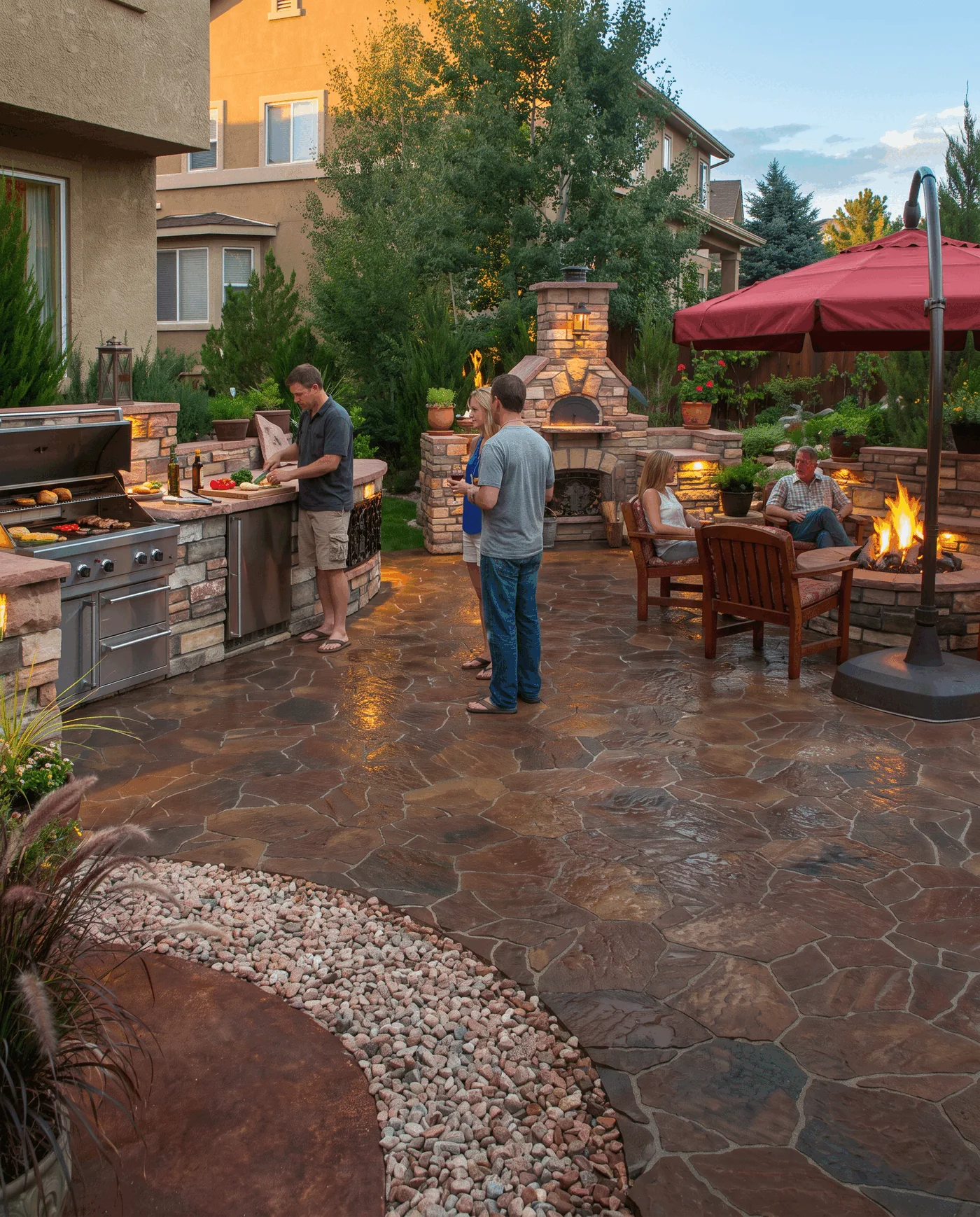 Outdoor kitchen and gathering area arranged for cooking and conversation