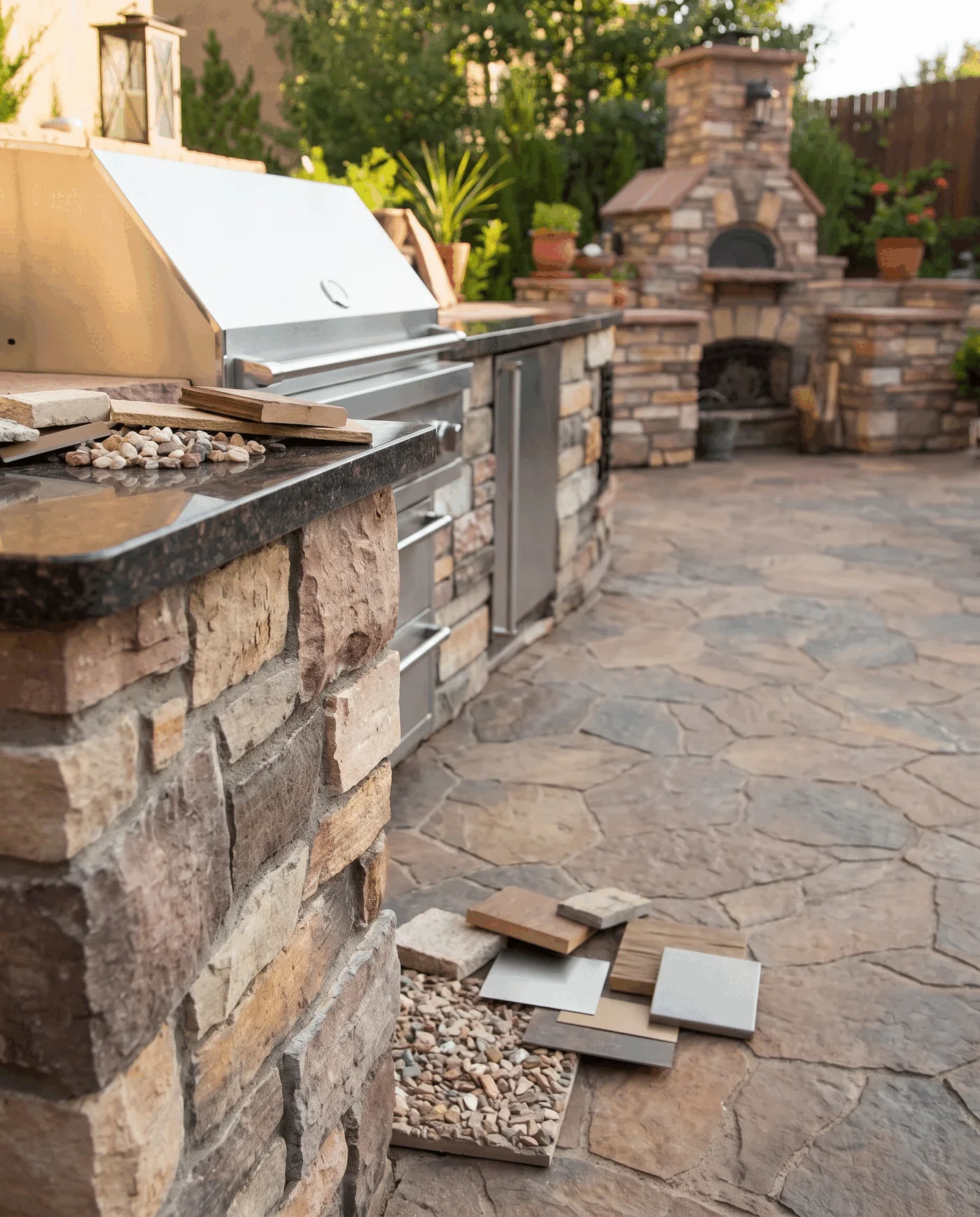 Outdoor-kitchen countertop, masonry, and paver materials arranged for review