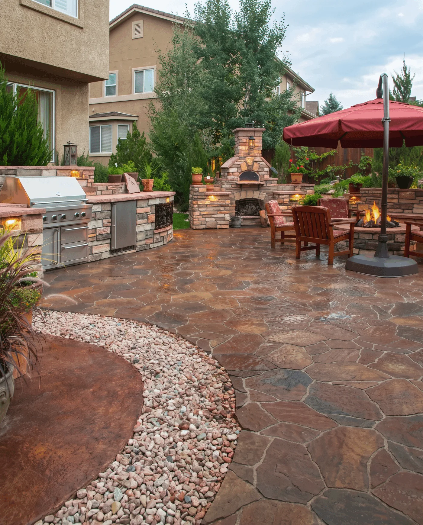 Outdoor kitchen, patio, and adjacent gathering areas considered together