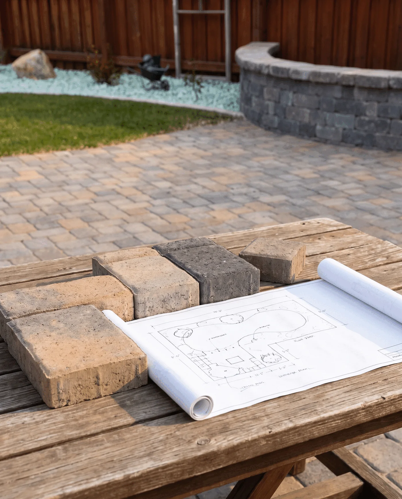 Outdoor-living materials and planning views arranged for a paver project review