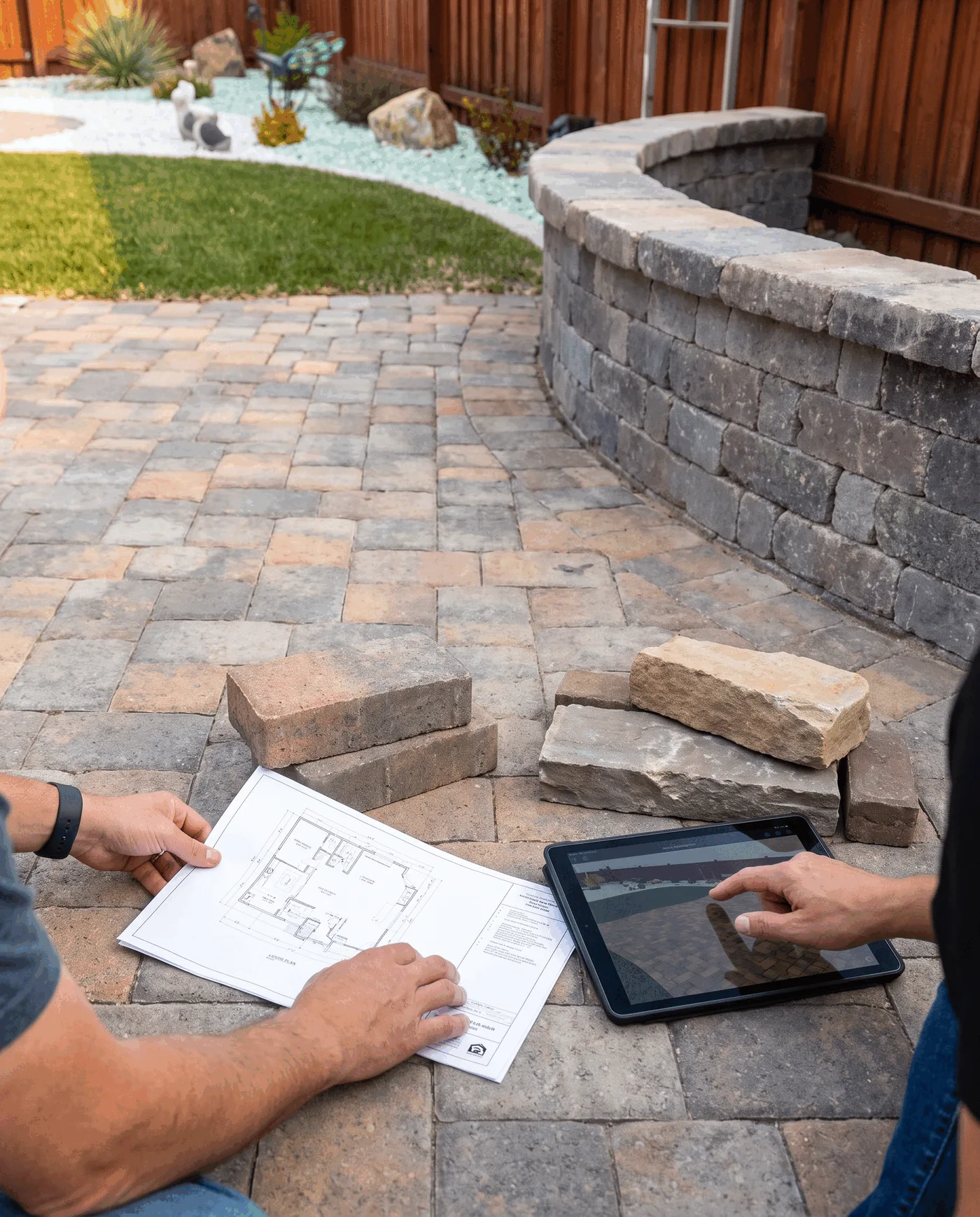 Client and designer reviewing a paver outdoor-living direction together