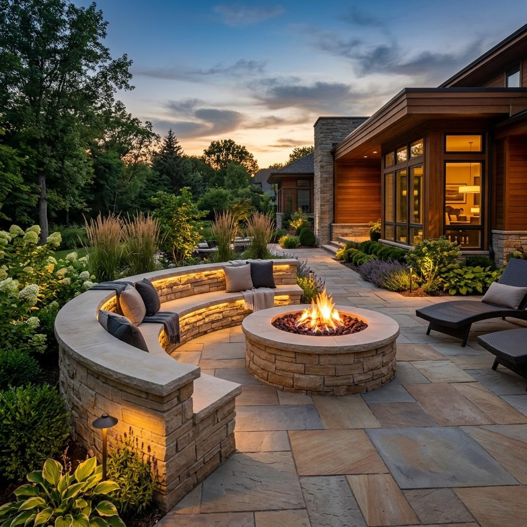 Built-in fire feature surrounded by a curved stone seat wall