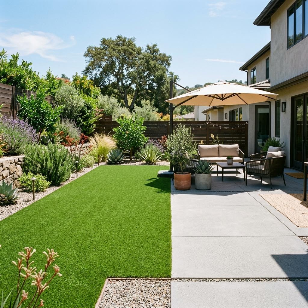 Finished concrete patio integrated with artificial turf and a seating area