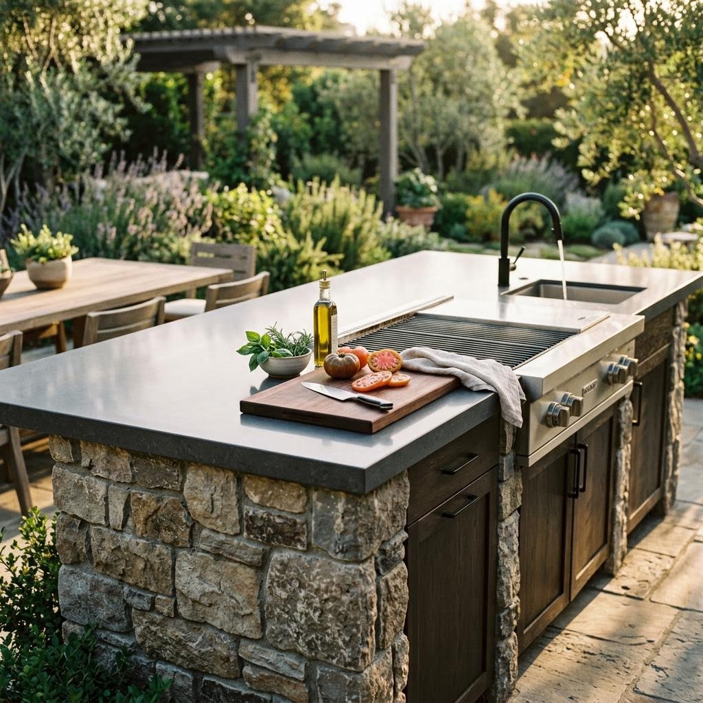 Stone outdoor kitchen island with grill, sink, and preparation space