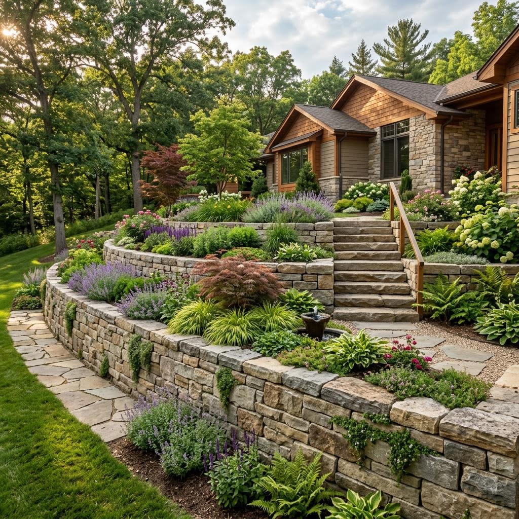 Terraced stone retaining walls integrated with steps and planting