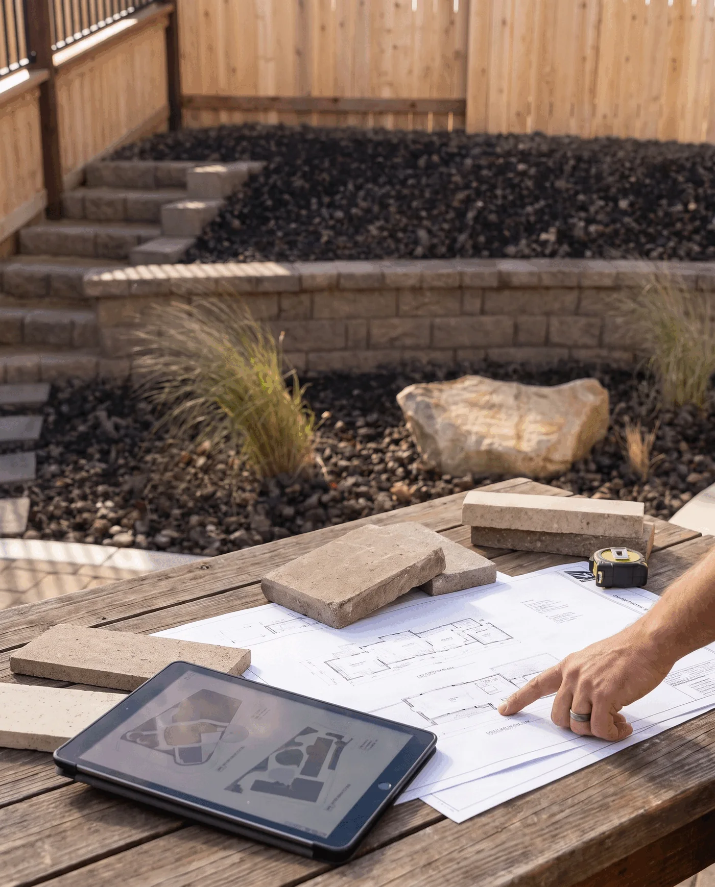 Stone and wall materials with planning views arranged for a retaining-wall project review