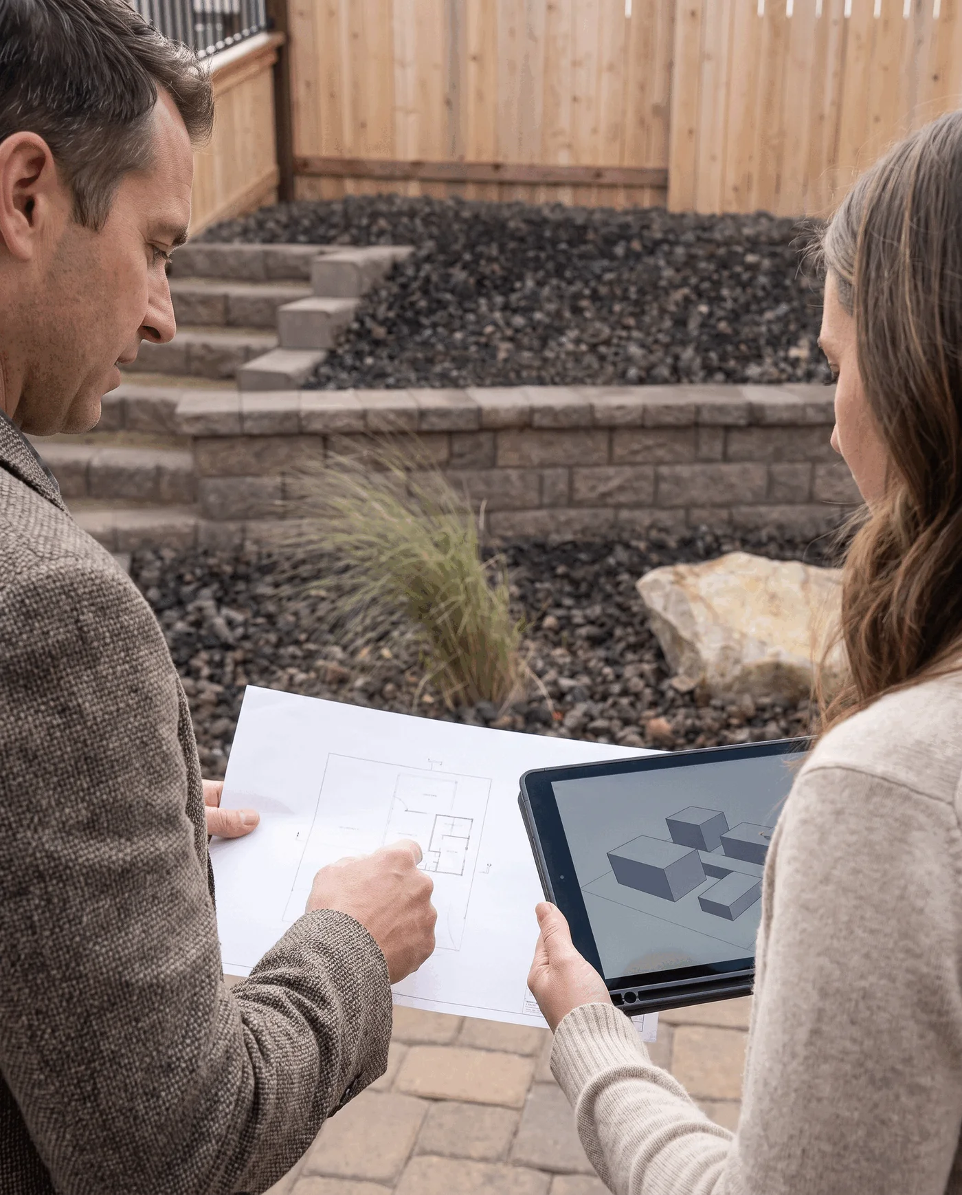 Client and designer reviewing a retaining-wall outdoor-living direction together